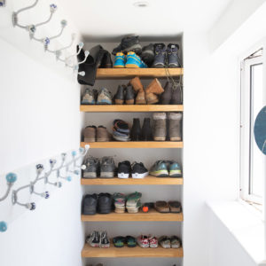 New boot room - up-cycled worktop for shoe shelves