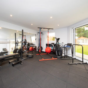 Look how much gym equipment fits inside this space. the angled entrance creates a nice outlook onto the garden