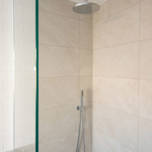 Overhead waterfall shower and hand shower head