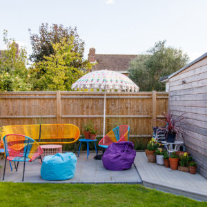 the decking leads to a sun trap patio - a great quiet space for evening drinks
