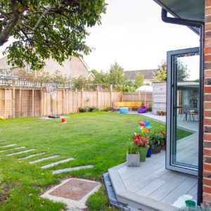 sunken railway style sleepers lead to the trampoline area