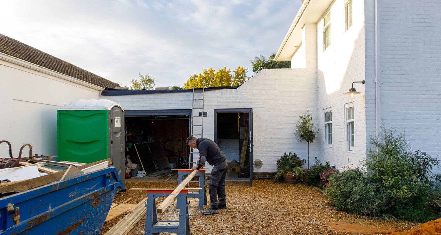 The existing garage roof is being strengthened to support a solar panel system