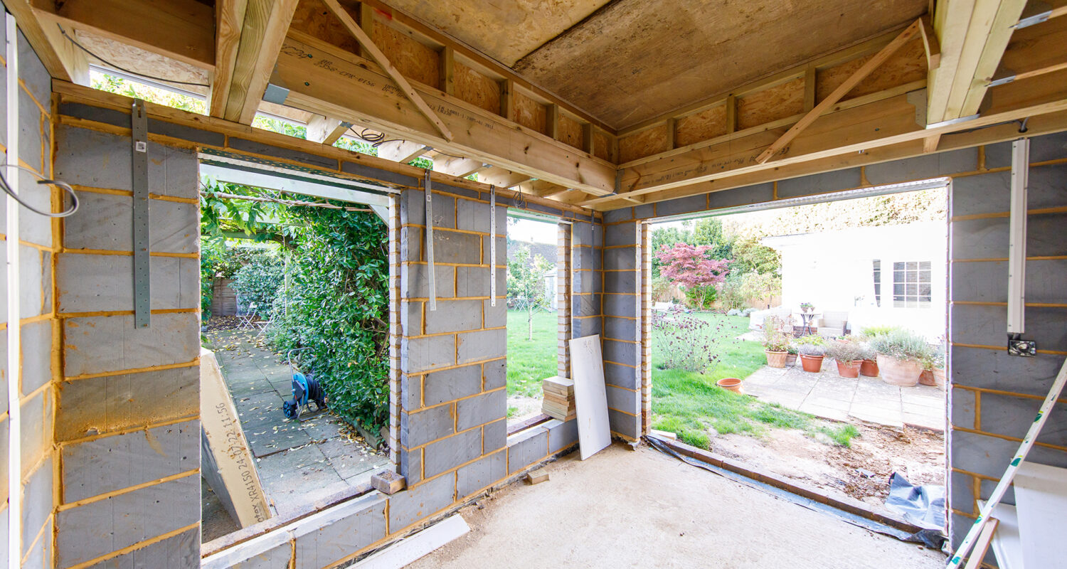 Floor to ceiling sash windows to be installed here, plus double patio doors to the garden