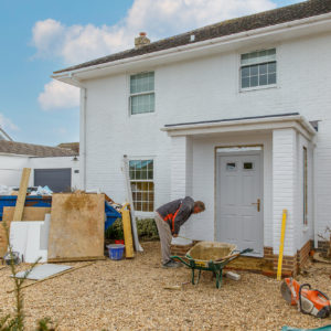 The newly built porch blends in well with the existing property