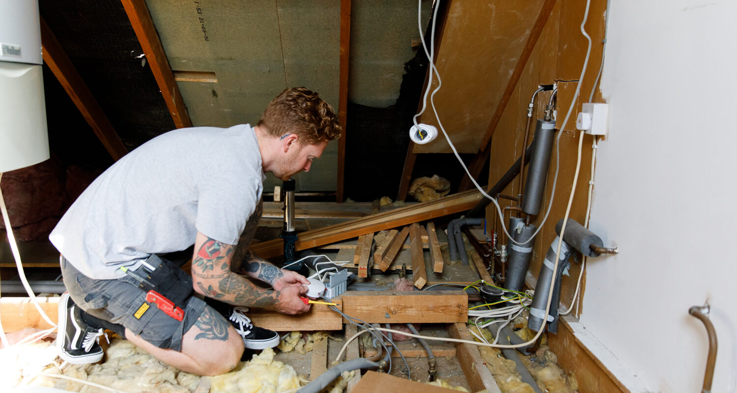 Our electrician Sam is renewing all the down lights in the rooms below and tidying all cables ready for the building team