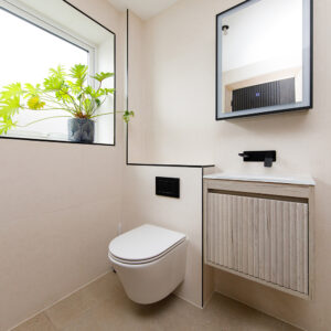 Wall hung toilet and sinks are great for slightly smaller rooms freeing up floor space