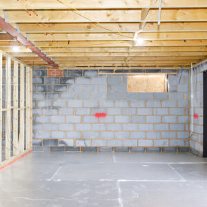 Downstairs, studwork walls are creating large rooms