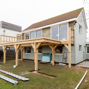 Outside the large oak frame balcony has transformed the aesethics. A steel staircase will be going in shortly.