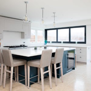 The kitchen is designed by Harvey Jones with a stunning composite hard wearing worktop. The lighting is from John Lewis and the other electrical components from from a local electrical shop.