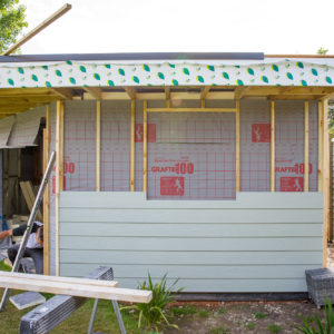 The garden room has a wide overhang, this will create shade inside and also on the decking area around the edge.